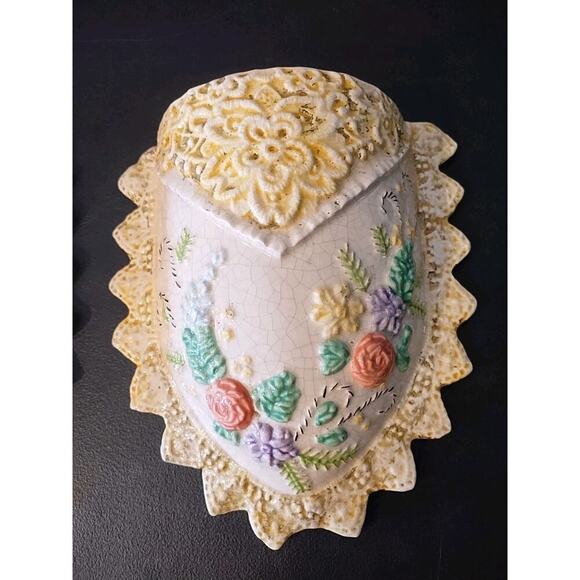 Pair Vintage yellow pink floral Wall Pocket Vases Planters Cottagecore Cottage - Picture 2 of 7